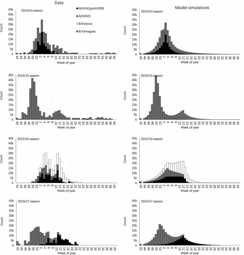 Figure 2. Estimated total weekly influenza infections and model simulations of children aged under 5 years in Beijing, China. The first column shows the estimated total number of influenza infections calculated by scaling up observed surveillance data. The second column provides model-simulated numbers of influenza infection by subtype.