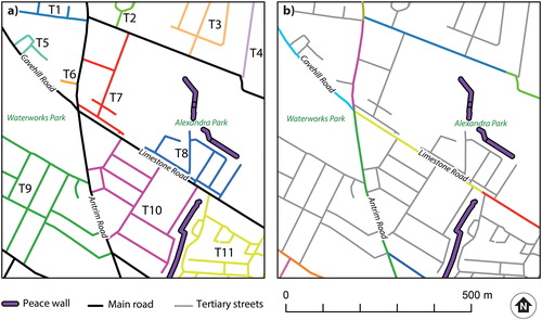 Figure 6 An illustrative section of north Belfast showing (A) defined T-communities (labeled T1–T11) and (B) sections of main roads.