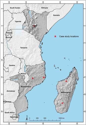 Figure 1. Overview of the study area in Kenya, Mozambique, and Madagascar, showing the approximate locations of the cases