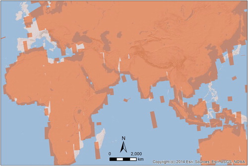 Figure 2. CORONA imagery coverage of KH4A and KH4B satellites (1963–1972) for Eurasia and Africa (Vector data courtesy United States Geological Survey; Basemap courtesy ESRI).