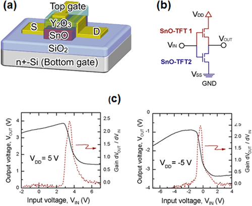 Figure 125. Ambipolar oxide TFTs using SnO. (a) TFT structure, (b) equivalent circuit of SnO complementary metal-oxide semiconductor (CMOS) inverter, and (c) their characteristics [Citation111]. Reprinted with permission from [Citation111]. Copyright 2011 by John Wiley and Sons.