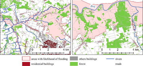 Figure 7. Visualization of the areas threatened by Bug and Liwiec floods in the study area.