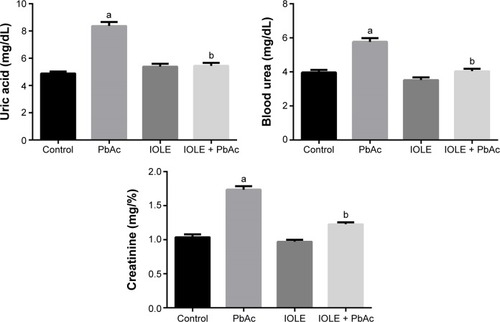 Figure 3 Ameliorative effects of IOLE pre-administration on ureic acid, urea, and creatinine in rats exposed to PbAc for 5 days.