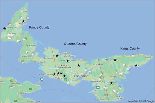 Fig. 1 Google maps screen capture of Prince Edward Island, county lines drawn approximately, stars indicate survey locations.