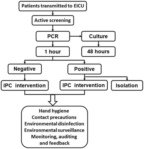 Figure 2 Flowchart of workflow and IPC interventions. When patients were transmitted to the ECIU, active molecular screening and other IPC interventions were conducted according the flowchart.