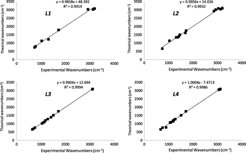 Figure 8. Correlation graphic of the calculated and experimental frequencies of L1–L4.