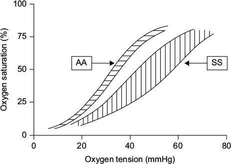 Figure 1 Oxygen dissociation curves in normal (AA) blood and in SS disease.