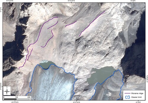 Figure 2. Little Ice Age moraines of Erinç Glacier from Pleiades imagery. The moraine ridges are indicated in purple, the glacier limit in blue.