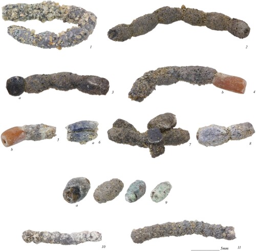 Figure 8. Examples of silver and other beads from Tomb N1-3: 1) beads BE21-144-014-028_F581; 2–7: beads BE21-144-014-027_F473 (a — glass, b — coral); 8) beads BE21-144-014-028_F565; 9) beads BE21-144-014-027_F474-480; 10) beads BE21-144-014-028_F559; 11) beads BE21-144-014-028_F565 (photographs by J. Then-Obłuska and the Berenike Project).