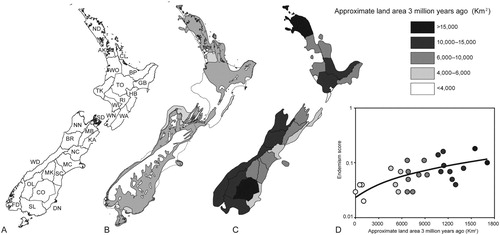 Figure 2. (A) Twenty-eight entomological regions of New Zealand used to investigate regional-endemism. Area codes and boundaries used to categorise specimen locality data are shown (after Crosby et al. Citation1976). For full names of regions see Table 2. (B) New Zealand land area 3 million years ago (Ma; Trewick & Bland Citation2012). Light grey represents areas of low-lying land and marginal-marine deposition. (C) Approximate land area 3 Ma for each of the 28 geographic regions used for recording specimen localities. Three regions had no change in size (OL, MK, CO). (D) New Zealand regional-endemism score calculated from 2322 species was significantly correlated with land area 3 Ma (R² = 0.34; P = 0.001). Endemism score was the mean endemism among all species occurring in the region, calculated as the inverse of the mean geographic distance between the regions in which it occurred.