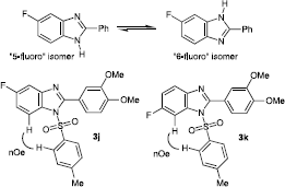 Figure 2 N-1/N-3 proton tautomerisation in compounds 3b, 3e and 3h, and nOe effects in products 3j and 3k.