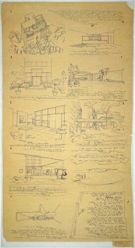 Figure 14. Le Corbusier, Letter to Madame Meyer, an axonometric view accompanied by seven perspective views – interior and exterior, 1925. Credits: Fondation Le Corbusier, Paris, FLC 31525.
