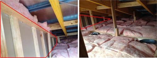 Figure 12. Ceiling insulation showing change of plane in ceiling insulation from raked ceiling to flat ceiling. The plasterboard (marked in red outline in right figure) should have been insulated with wall insulation to the same insulation as the ceiling insulation, R-4.0 in this case.