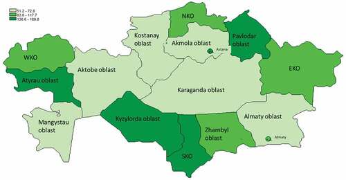 Figure 3. Cartogram showing glaucoma incidence in different regions of the Republic of Kazakhstan per 100,000 population. WKO – West Kazakhstan oblast, NKO – North Kazakhstan oblast, EKO – East Kazakhstan oblast, SKO – South Kazakhstan oblast.