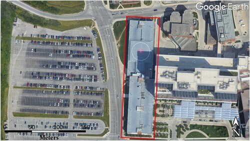 Figure 4. Study area is located at the North Cannon garage structures at The Ohio State University campus. Two adjacent buildings outlined in red are the object of interest that are subjected to demolition event during January–February of 2021.