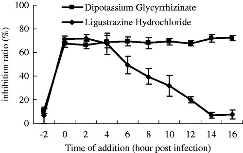 Figure 3. Effects of dipotassium glycyrrhizinate and ligustrazine hydrochloride on IBDV replication and infection. The constituents were added at different times before, at or after infection. Cell viability was evaluated by the MTT assay.