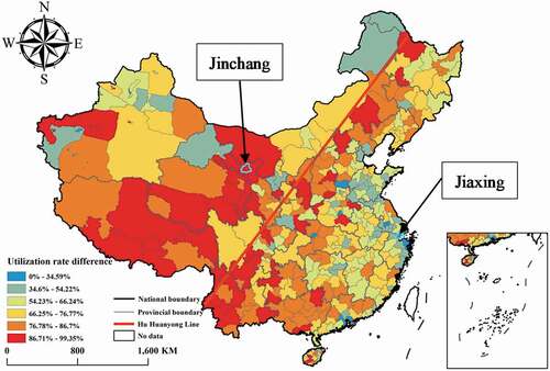 Figure 10. The differences in actual utilization rates between intra-urban green space and peri-urban green space at the city level in China