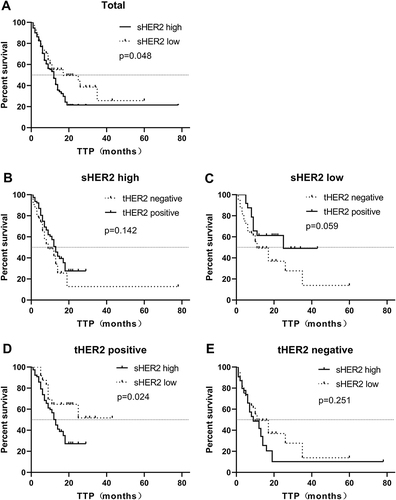 Figure 1 Correlation of baseline sHER2 levels and prognosis (time to progression, TTP) in patients with advanced breast cancer. (A) Comparison of TTP between baseline sHER2 high level group and sHER2 low level group (p=0.048). Comparison of TTP between tHER2 positive patients and tHER2 negative patients in sHER2 high level group (B, p=0.142), and sHER2 low level group (C, p=0.059). Comparison of TTP between the sHER2 high level group and the sHER2 low level group in tHER2 positive patients (D, p=0.024) and negative patients (E, p=0.251).