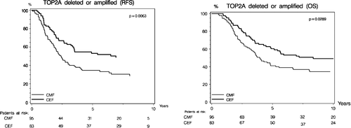 Figure 3.  RFS and OS for CMF and CEF treated patients (N = 178) with TOP2A aberrations (deletions or amplifications).
