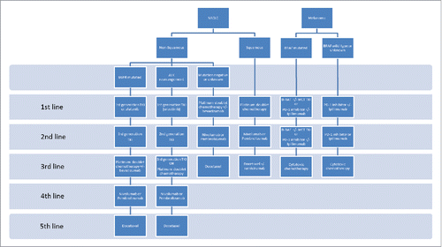 Figure 1. Current standard of care therapy in advanced NSCLC and Melanoma Notes: The current standards of care systemic therapy for metastatic non-small cell lung carcinoma (NSCLC) and melanoma. EGFR = epidermal growth factor receptor; ALK = anaplastic lymphoma kinase rearrangement; TKI = tyrosine kinase inhibitor; PD-1 = programmed cell death protein-1.