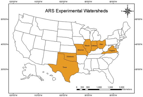 Figure 1. Locations of United States Department of Agriculture, Agricultural Research Service (USDA-ARS) experimental watersheds used to develop the relationships