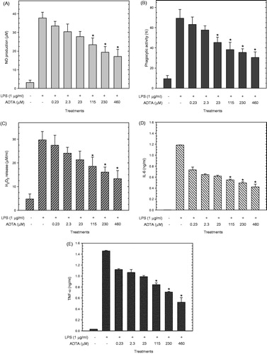 Figure 2. ADTA induces anti-inflammatory effects in vitro. The amount of NO production (A), phagocytic activity (B), H2O2 release (C) and the production of IL-6 (D) and TNF-α (E) were measured as described in ‘Materials and methods’ section. Data are representative of three independent experiments in hexaplicate. Results represent the mean ± standard deviation. *denotes p ≤ 0.05, compared to LPS treatment.
