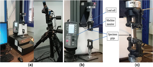 Figure 4. Setup of single fiber tensile testing according to ASTM C1557–03 (a): universal testing machine, (b): detail of clamps and (c): specimen gripped with clamps.