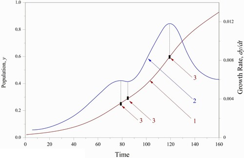 Figure 4. Processing of the observations by smoothing spline: 1 – the population, 2 – the growth rate of the population, 3 – the inflection points of the population.
