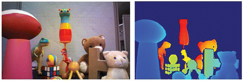 Figure 5. A pair of RGB-D images captured with Intel® RealSense camera. The left figure shows a color image, while the right figure shows the corresponding pseudo-colored depth image where the nearer points are shown in bluer colors and farther points are shown in redder colors. The background objects that are further away from the range of the depth sensor are shown in dark blue.
