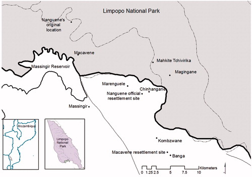 Figure 1. The original location of Nanguene inside the park, the official resettlement site and Nanguene’s re-resettlement location back inside the park near Madingane. The resettlement location of the village of Macavene, near Banga, is also indicated.