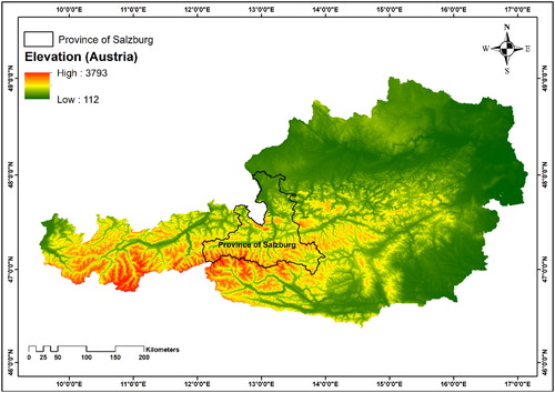 Figure 1. Location of the Province of Salzburg within the elevation map of Austria.