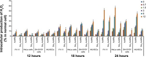 Figure 8 The expression of ROS in FY-11, HeLa, SH-SY5Y and HUVEC cells exposed for 12, 18 and 24 h to different concentrations of AuNRs and SiO2-AuNRs.Notes: AuNRs and SiO2-AuNRs concentrations are measured in μg/ml. Bar graph indicates statistically significant differences between AuNRs and SiO2-AuNRs. All cells with media served as controls.Abbreviations: AuNRs, gold nanorods; SiO2-AuNRs, gold nanorods functionalized with silica; FY-11, fibroblast cells; HeLa, cervical cancer cells; SH-SY5Y, neuroblastoma cells; HUVECs, human umbilical vein endothelial cells; ROS, reactive oxygen species.