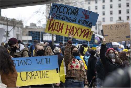 Figure 1. ‘Stand with Ukraine against Russian Invasion’, an anti-invasion protest in Vancouver, BC, Canada, 26 February 2022.Source: ‘Stand with Ukraine against Russian Invasion – Vancouver Anti-War Rally, 26 February 2022’, by GoToVan, licensed under CC BY 2.0 (https://flickr.com/photos/47022937@N03/51906093623).