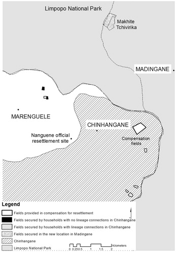 Figure 2. Map of the boundary between the Marenguele and Chinhangane with respect to the location of the resettlement houses and the location of the fields provided in compensation for resettlement. Fields permanently secured by residents of Nanguene from the Mahlaole lineage and from other lineages are indicated as well as the location and area of land secured in the newly established village Makhite Tchivirika.