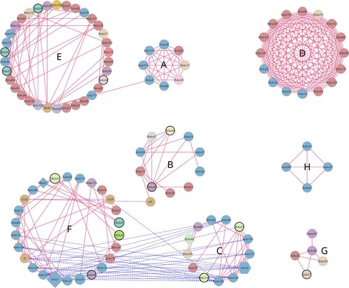 Figure 4. Co-occurrence network showing abundance correlations among OTUs. Red and blue edges correspond to positive and negative relationships. Nodes are coloured according to function; their size is proportional to total abundance. Diamonds depict OTUs significantly more abundant in CDSR and hexagons OTUs significantly more abundant in UASB. OTUs classified as capable of syntrophy have a black outline.