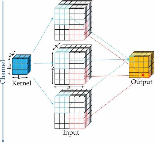Figure 1. 3D convolution indicates convolution operator is implemented in three directions (i.e. two spatial directions and a temporal direction) sequentially. Both the input feature maps and the output feature maps are 3D tensors.