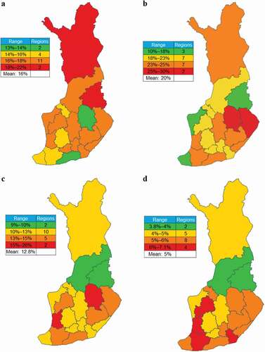 Figure 3. Estimated regional prevalence of patients on GINA Step 4–5 treatments, those on Step 4–5 treatments receiving ≥2 OCS courses, and OCS claims in Finland. (a) Regional prevalence of patients on GINA Step 4–5 treatments among all patients with asthma; (b) frequency of patients receiving ≥2 OCS courses among patients on GINA Step 4–5 treatments; and frequencies of patients on GINA Step 4–5 treatments dispensed (c) ≥912.5 mg and (d) ≥1825 mg OCS during the 1-year observation period.
