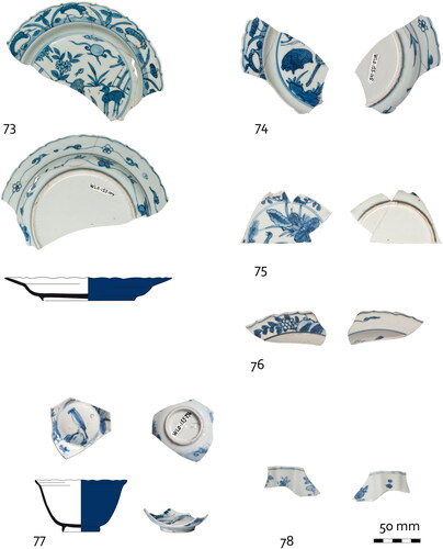 FIG. 19 WLO-155 and WLO-370 (1595-1597/1601): Chinese porcelain dishes (73. WLO-155-104, 74. WLO-155-105, 75. WLO-370-25, 76. WLO-370-28), and bowls (77. WLO-155-236, 78. WLO-370-30) (photographs and drawings, Ron Tousain, Monuments and Archaeology, City of Amsterdam). 