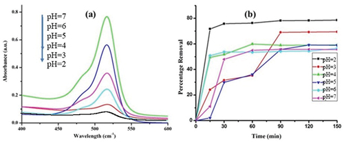 Figure 10. (a) Effect of pH on the degradation of Eosin Y and (b) percentage removal of Eosin Y at different pH using PVAGdVO4:Eu3+. Catalyst amount = 200 mg/100 mL of 30 ppm Eosin Y.