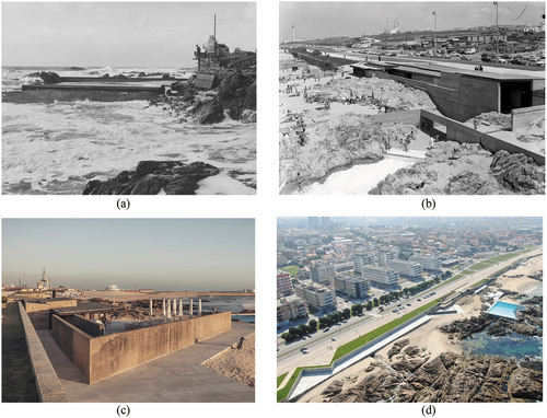 Figure 5. a) Beginning of the construction works in 1961 (first phase); b) Changing room’s building as of 1968 (second phase); c) North extension of the bar (third/fourth phases); d) Recent conservation and extension to the north (2018–2021).