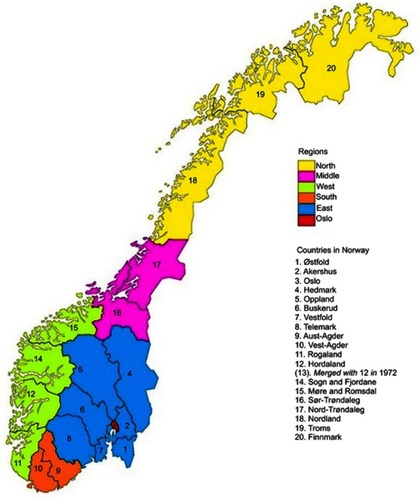 Figure 1 Map of Norway showing the 19 counties and regions.