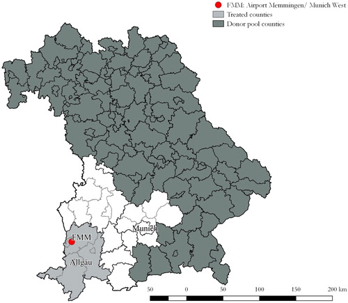 Figure 1. Treatment and donor pool regions.Note: Shown is the federal state of Bavaria with its touristic regions (black boundaries) and the Bavarian counties (grey boundaries). Light grey counties form the treatment region of Allgäu. Dark grey counties form the donor pool. White-shaded counties are not included because they are likely to be treated to some extent as well.