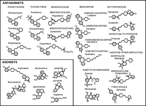 Figure 1. Structures of some clinically-relevant dopamine agonists and antagonists. Antagonists are grouped according to structural class.