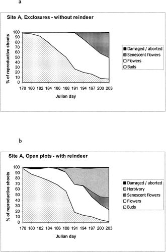 FIGURE 2. Percentages of reproductive shoots within defined categories during the reindeer exclosure experiment on the Brøgger Peninsula (Site A) from 27 June to 22 July 1997 (corresponding to Julian dates 178 to 203). Fig. 2(a) shows data from the exclosures (protected from reindeer); Fig. 2(b) shows data from the plots open to reindeer