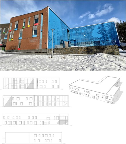 Figure 2. Tesoma school, perspective drawing and facades 1:750. Photo courtesy of the authors.
