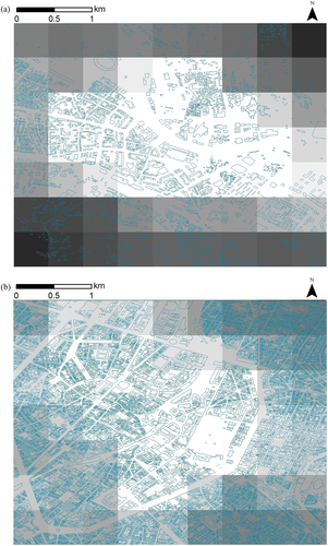 Figure 2. Footprints of buildings (turquoise polygons) in two European city centres overlapped with NTL data (grey-scale raster layers): The centre of Skopje (a) represents cities with a relatively larger in their footprint size and rarely located buildings – in the cities of this type, ‘NTL – lateral surface area’ correlation is stronger. The centre of Brussels (b) represents cities with a relatively smaller size and more densely located buildings – in cities of this type, the ‘NTL – volume’ correlation emerges stronger.