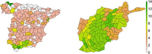 Fig. 5 Change-point detection, based on HSTCPD, for LST data in Spain (left), and AWD data of Afghanistan (right). Each sub-region, obtained via Ward.D2-Dunn, represents a single cluster and numerical values are the number of detected change-points.