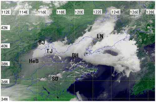 Fig. 1. Satellite visible image from NOAA-17 at 02:28 UTC 21 February 2007. The grey filled region with a sharp boundary indicates the fog coverage. Abbreviations used: LN = Liaoning Province, BJ = Beijing, TJ = Tianjin, BH = Bohai Sea, HeB = Hebei Province and SD = Shandong Province (refer to Fig. 1 of Hu et al. (Citation2014)).