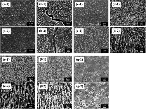 Figure 11. SEM images of etched top (−1) and side (−2) of Al–xSi LPBF samples fabricated with the optimal processing parameters. (a) Al–0Si, (b) Al–1Si, (c) Al–4Si, (d) Al–7Si, (e) Al–10Si, (f) Al–12Si, and (g) Al–20Si. Reproduced from Kimura et al. (Citation2017).