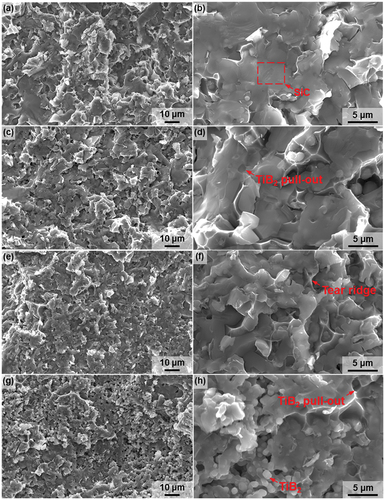 Figure 11. SEM micrographs of the fracture surfaces for Al/TiB2-SiC composites with different TiB2 contents: (a)(b) 15 vol%, (c)(d) 20 vol%, (e)(f) 25 vol%, and (g)(h) 30 vol%, respectively.